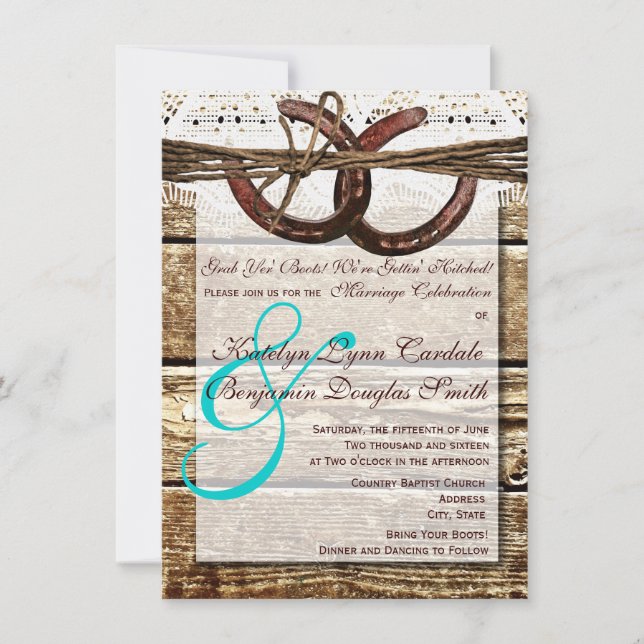 Hitched Wood Horseshoes Wedding Einladungen (Vorderseite)
