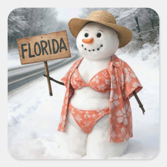 Hitchhiking Snow Lady With Florida Sign Quadratischer Aufkleber (Vorderseite)