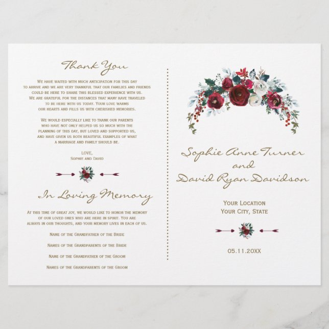 Hiver Bourgogne Floral Pine Gold Wedding Programme (Devant)