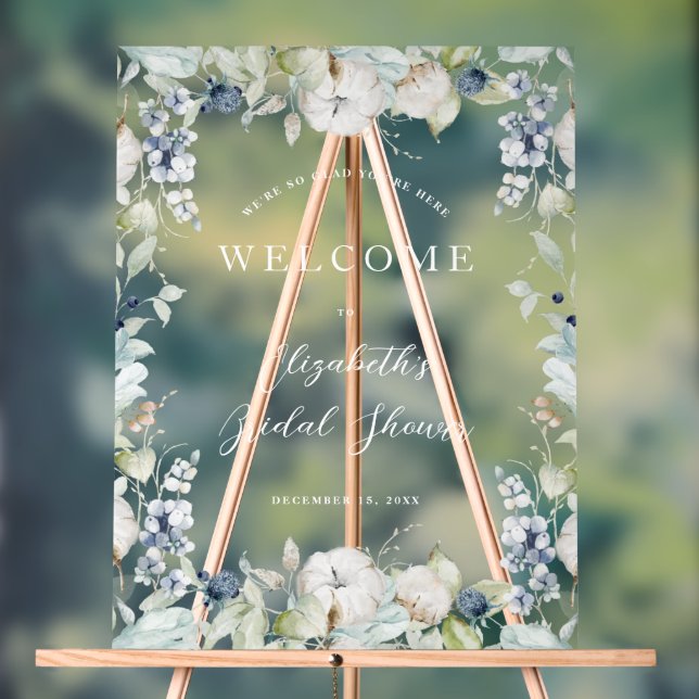 Hiver Dusty Blue Floral Frame Fête des mariées (Neutre)