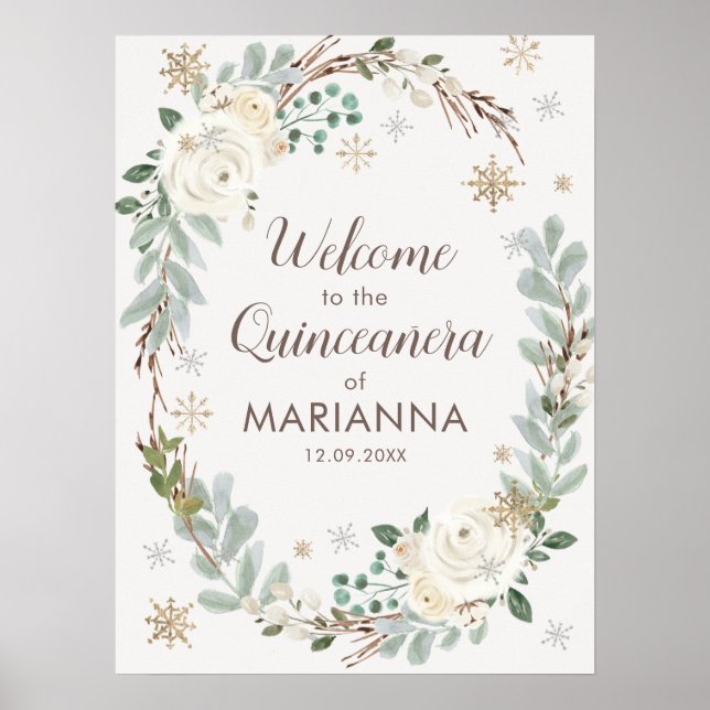 Hiver Floral Quinceanera Affiche de bienvenue (Devant)