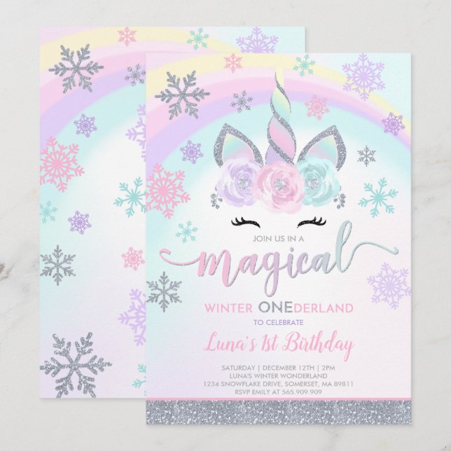 Hiver Invitation Unicorne Hiver ONEderland Party (Devant / Derrière)
