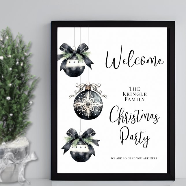 Hiver Noir Blanc Noël Affiche de bienvenue (Winter Black White Christmas Party Welcome Sign)