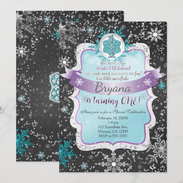 Hiver Onderland 1er anniversaire fêtes Invitations (Devant / Derrière)
