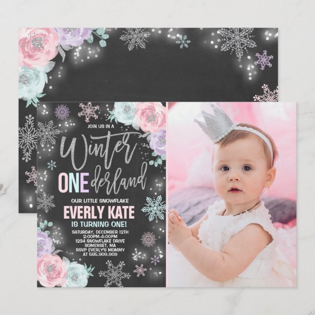 Hiver ONE derland Anniversaire Invitation Argent r (Devant / Derrière)