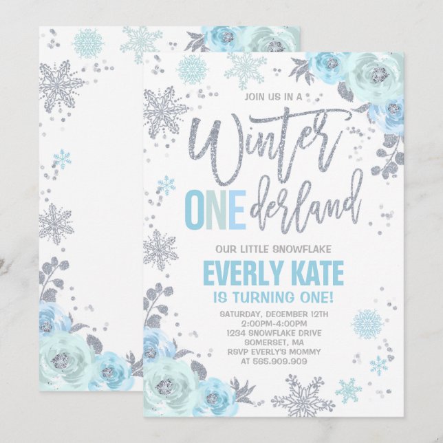 Hiver ONE derland Anniversaire Invitation Blue Sil (Devant / Derrière)