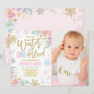 Hiver ONE derland Anniversaire Invitation Or rose