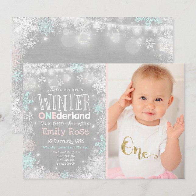 Hiver ONE derland Anniversaire Invitation Pink Min (Devant / Derrière)