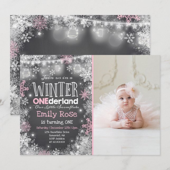 Hiver ONE derland Anniversaire Invitation Rose Bla (Devant / Derrière)