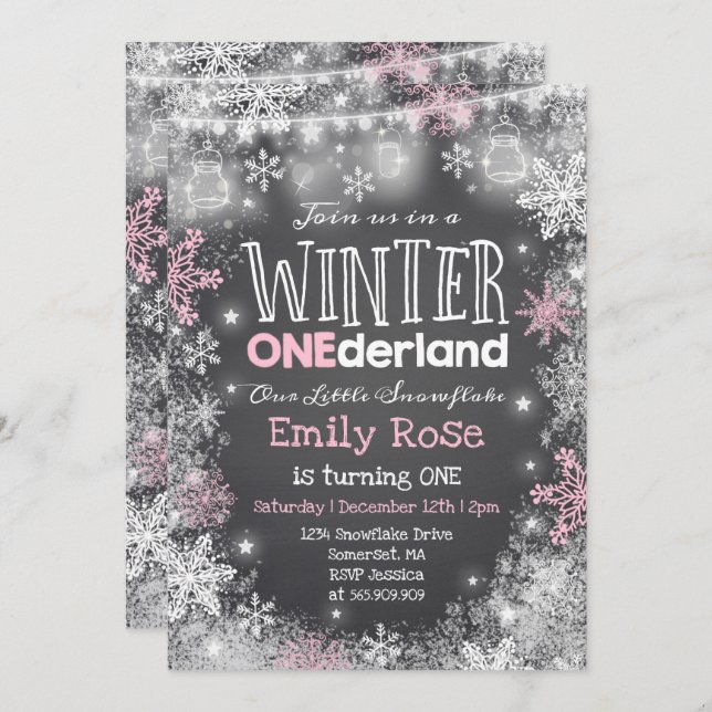 Hiver ONE derland Anniversaire Invitation Rose Bla (Devant / Derrière)