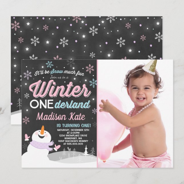 Hiver ONE derland Anniversaire Invitation Snowman  (Devant / Derrière)