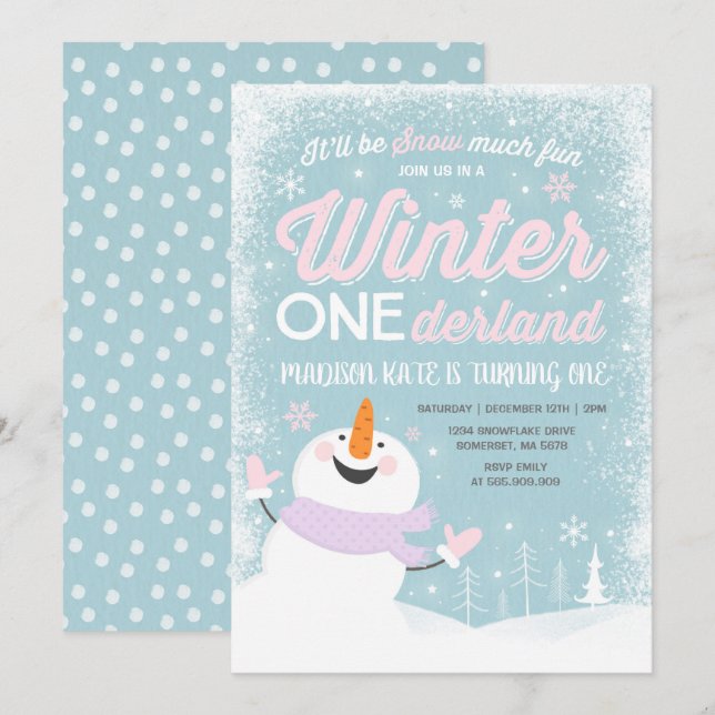 Hiver ONE derland Anniversaire Invitation Snowman  (Devant / Derrière)