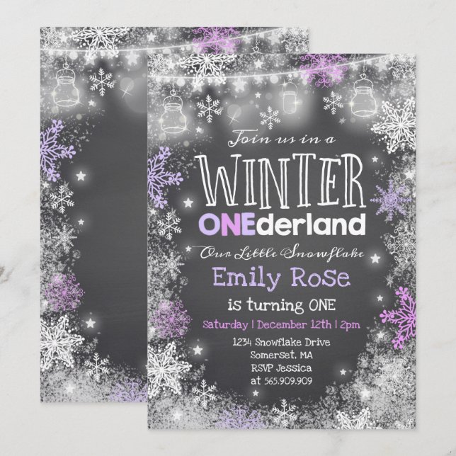 Hiver ONE derland Anniversaire Invitation violet b (Devant / Derrière)