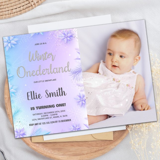 Hiver ONE derland Anniversaire Invitations avec ph (Winter ONEderland Birthday Invitations With Photo)