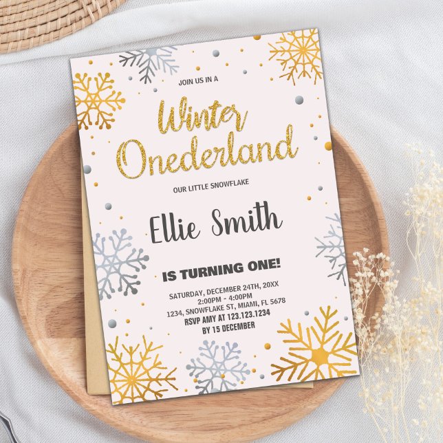 Hiver ONE derland Anniversaire Invitations Neige G (Winter ONEderland Birthday Invitations Snow Golden)