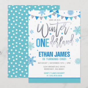 Hiver ONE derland Invitation Anniversaire Bleu et 