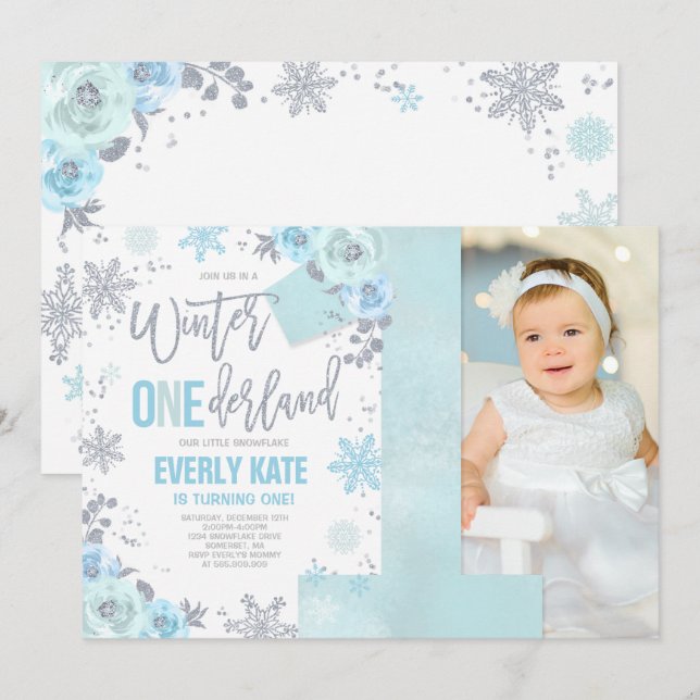 Hiver ONE derland Invitation Anniversaire Blue Sil (Devant / Derrière)