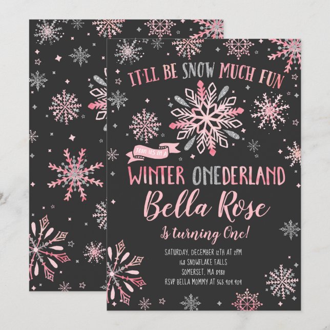 Hiver ONE derland Invitation Anniversaire Pink Sil (Devant / Derrière)