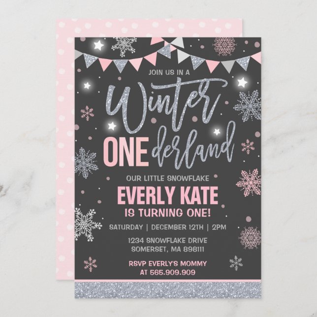 Hiver ONE derland Invitation Anniversaire Pink Sil (Devant / Derrière)
