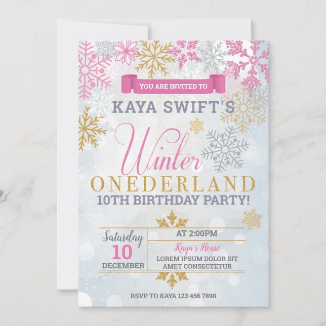 Hiver Onederland Anniversaire Invitation Or et ros (Devant)