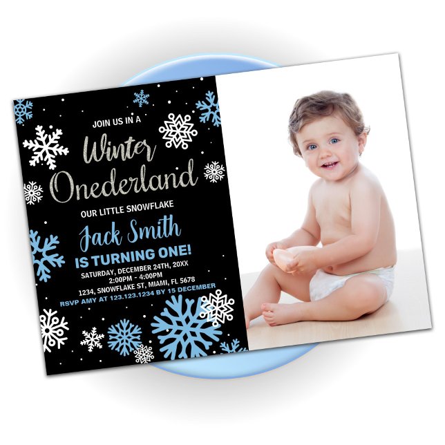 Hiver Onederland Anniversaire Invitations Black Ph (Winter Onederland Birthday Invitations Black Photo)