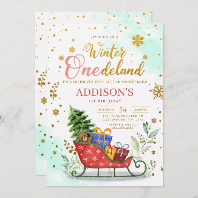Hiver Onederland First Birthday Invitation (Devant / Derrière)