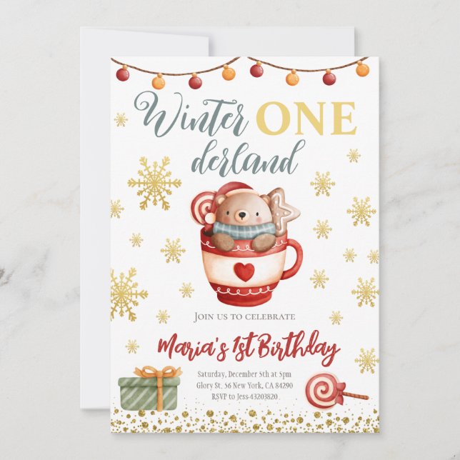 Hiver Onederland Ours Anniversaire Invitation (Devant)