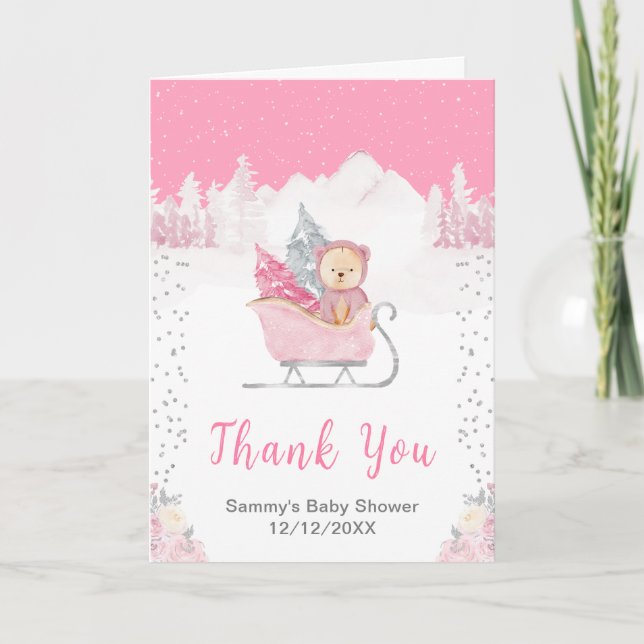 Hiver Ours rose Baby shower de traîneau Merci (Devant)