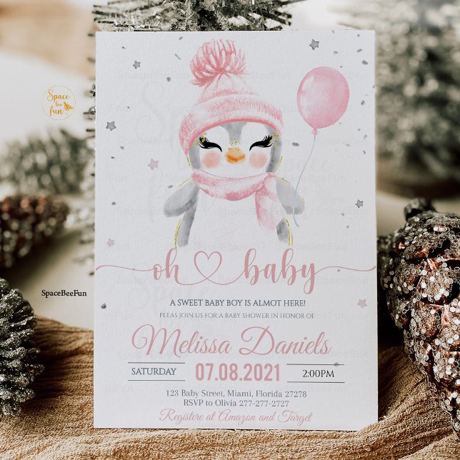 Hiver Penguin baby shower invitation fille (Penguin baby shower invitation girl, penguin baby shower girl, pink penguin baby shower invitation, )