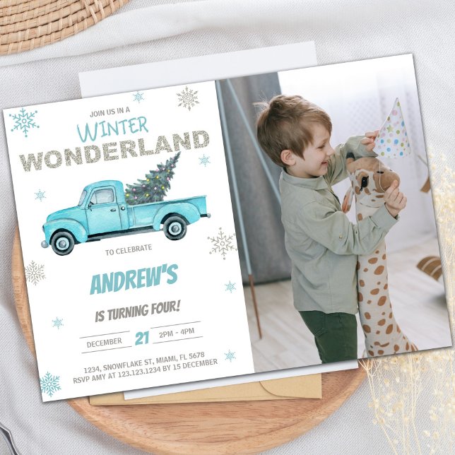 Hiver Photo Wonderland Camion Invitations d'annive (Winter Photo Wonderland Truck Birthday Invitations)