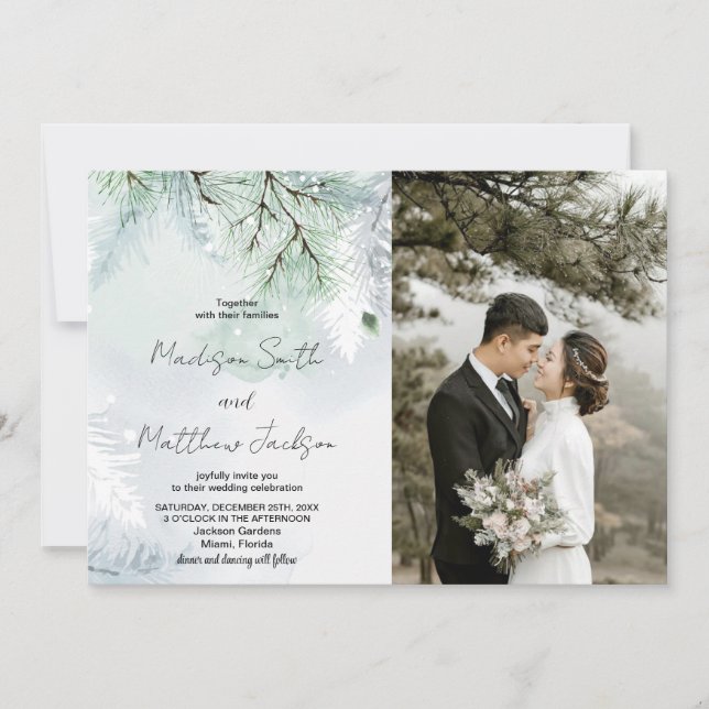 Hiver Pine Neige Mariage Invitations avec photo (Devant)