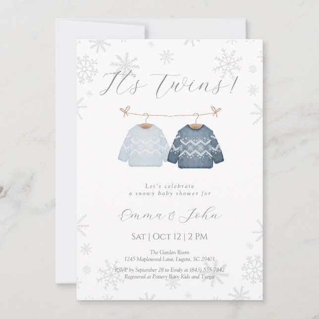 Hiver Ses frères jumeaux Baby shower Invitation (Devant)