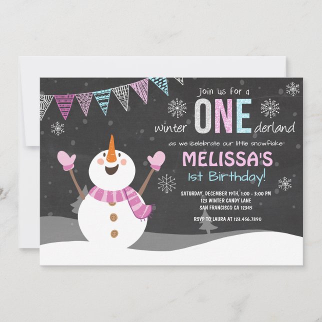 Hiver UNE derland invitation anniversaire Pink Sil (Devant)