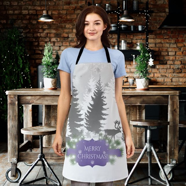 Hiver Wonderland Tout-En-Plan Imprimer Tablier - V (Purple Winter Wonderland Christmas Apron)