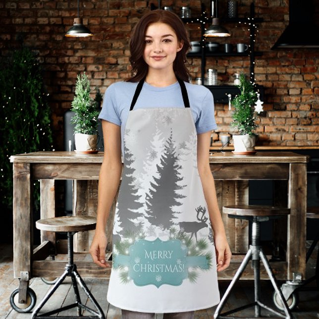 Hiver Wonderland Tout-En-Tout Imprimer Tablier - T (Teal Winter Wonderland Christmas Apron)