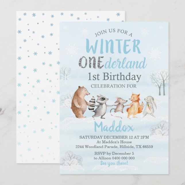Hiver Woodland 1er anniversaire Invitation hiver (Devant / Derrière)