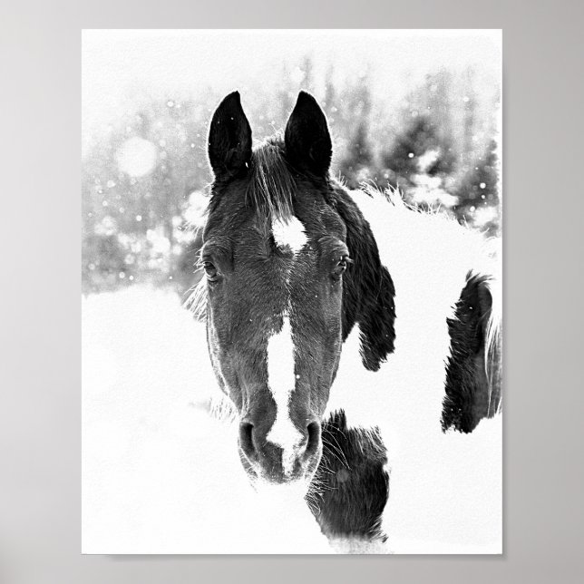 Hivernal Cheval Equine Animaux B&W Poster (Devant)