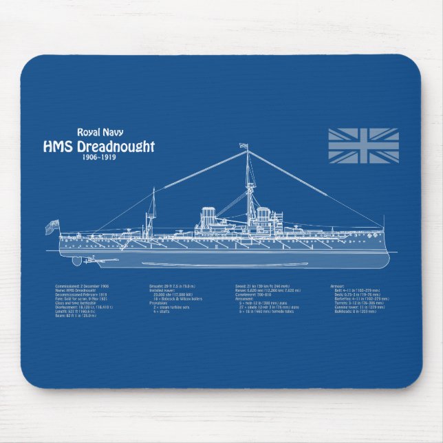 HMS Dreadnought - Ship Blueprint ABD Mousepad (Vorne)