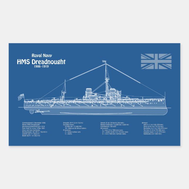 HMS Dreadnought - Ship Blueprint ABD Rechteckiger Aufkleber (Vorderseite)