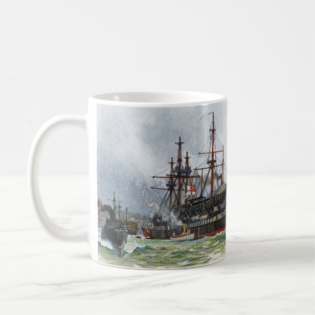 HMS Unversöhnlich ein Schiff mit 74 Kanonen und dr Kaffeetasse (Links)