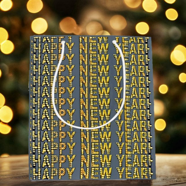 HNY Yellow-Gld  Mittlere Geschenktüte (This glittering design, makes this gift bag, elegant wrapping, for after-Christmas gifts!)