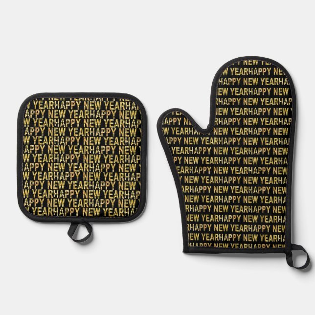 HNY Yellow-Gld  Ofenhandschuh & Topflappen-Set (Vorderseite)