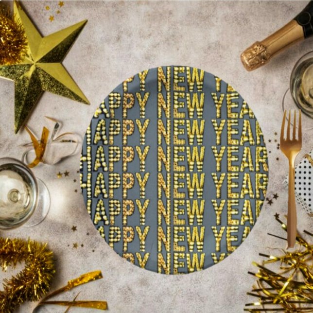 HNY-Yellow-Gld Pappteller (These fancy paper plates, gives such a festive look, to your New Year's dining table!)