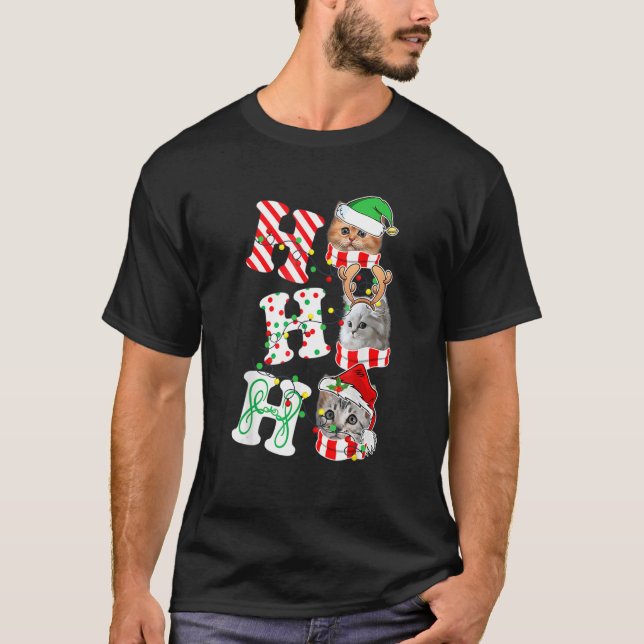 Ho Cats Lights Antlers Weihnachtsspass Pajama Matc T-Shirt (Vorderseite)
