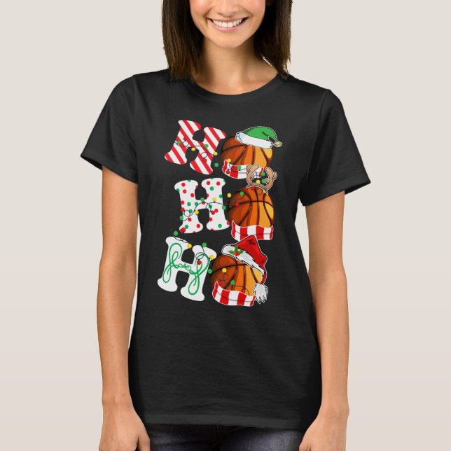 Ho Ho Bysketbyll Lights Weihnachtsmannmütze Reinde T-Shirt (Vorderseite)