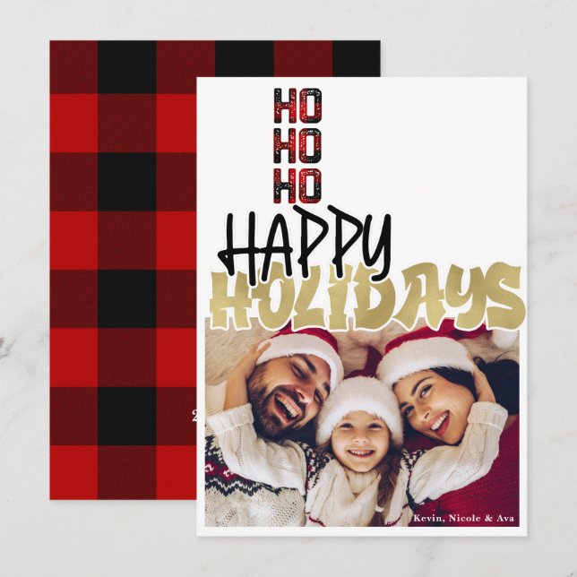 HO HO Grunge Holiday Gold Christmas Carte photo (Devant / Derrière)