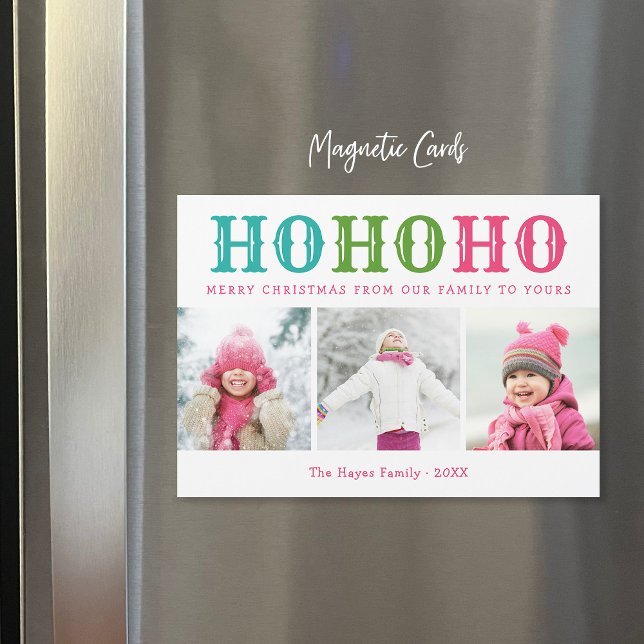 Ho Ho Ho | 3 FotoCollage Magnetic Holiday Card Magnetkarte (Von Creator hochgeladen)