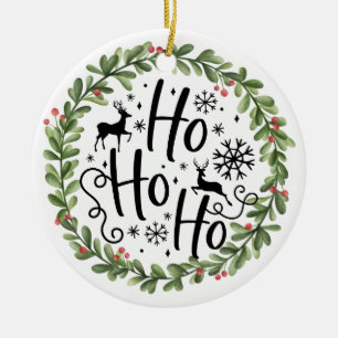 Ho Ho Ho Aquarelle Wreath Ornement en céramique