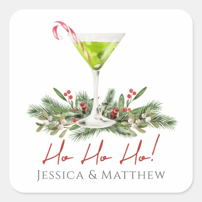 Ho Ho Ho Candy Cane Cocktail Martini Couples Quadratischer Aufkleber (Vorderseite)