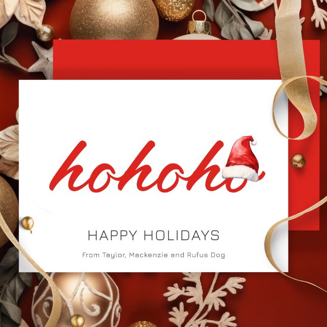 Ho Ho Ho Christmas Personalisiert Feiertagskarte (Ho Ho Ho Christmas Personalized Holiday Cards by Ricaso. Santa hat red & white simple cards)